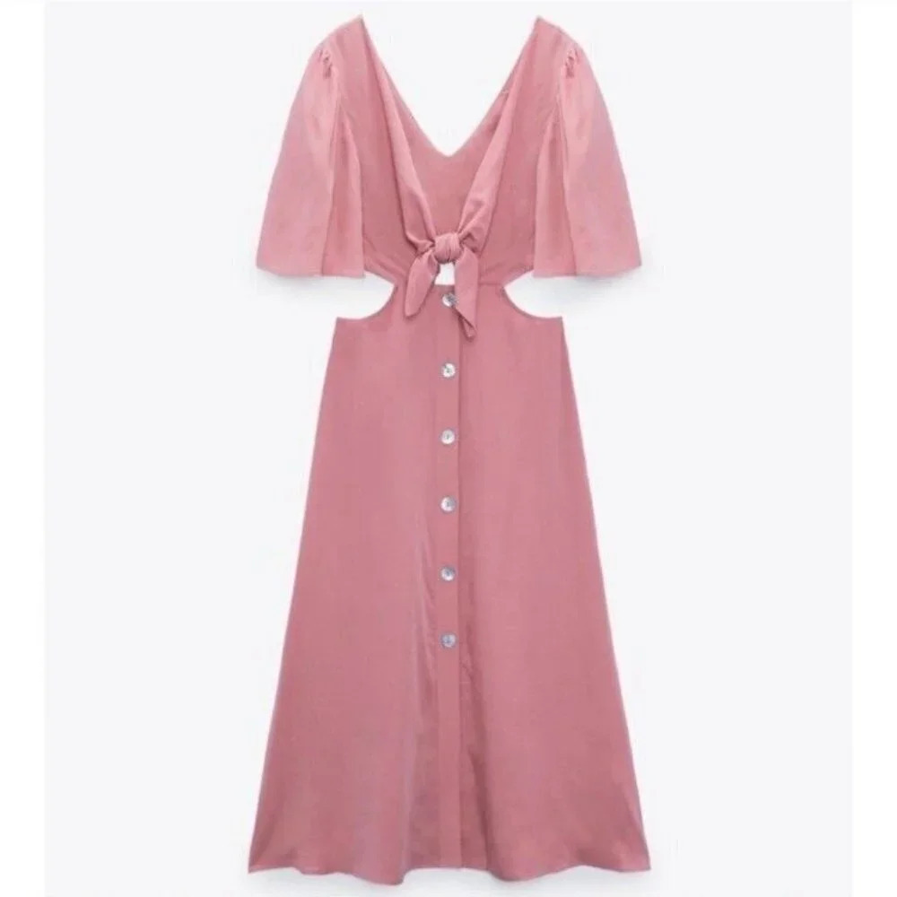 Zara Tie Bow Front Cut  Out Midi Dress Light Pink NWT Size XL